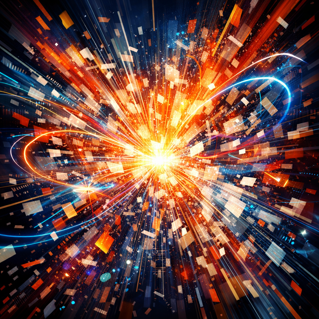 Bright explosion of digital data fragments and light streaks in orange and blue colors