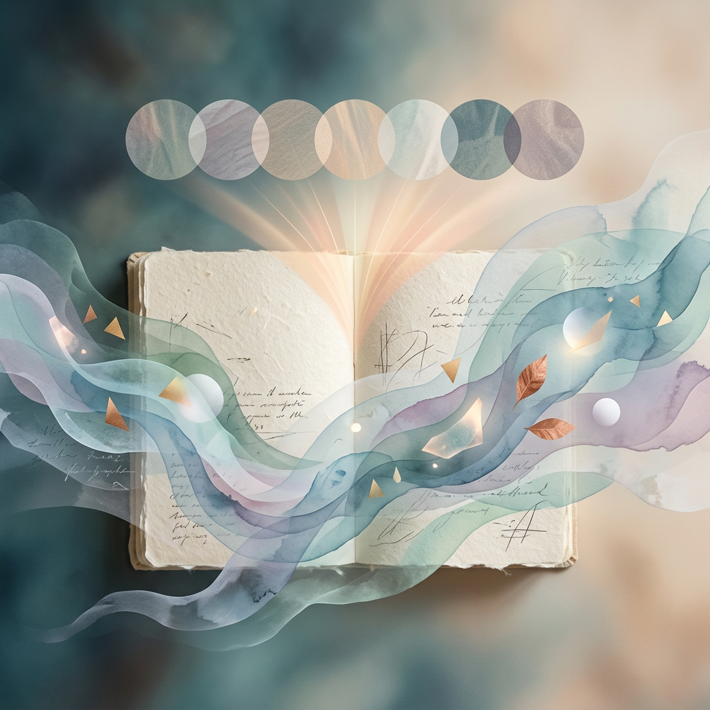 Open book with flowing translucent waves, abstract script, and decorative shapes