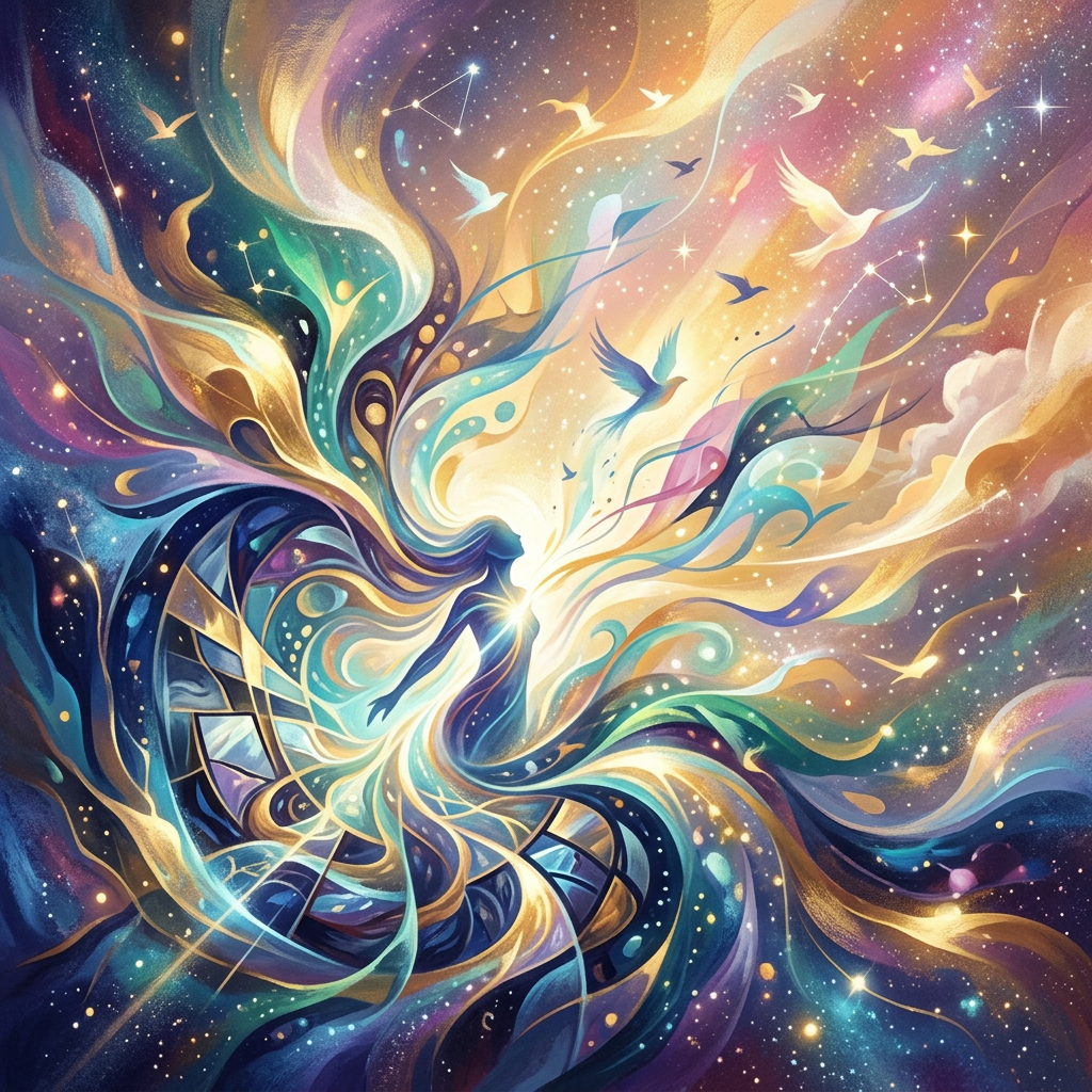 A glowing silhouette surrounded by swirling colorful cosmic patterns and birds in flight