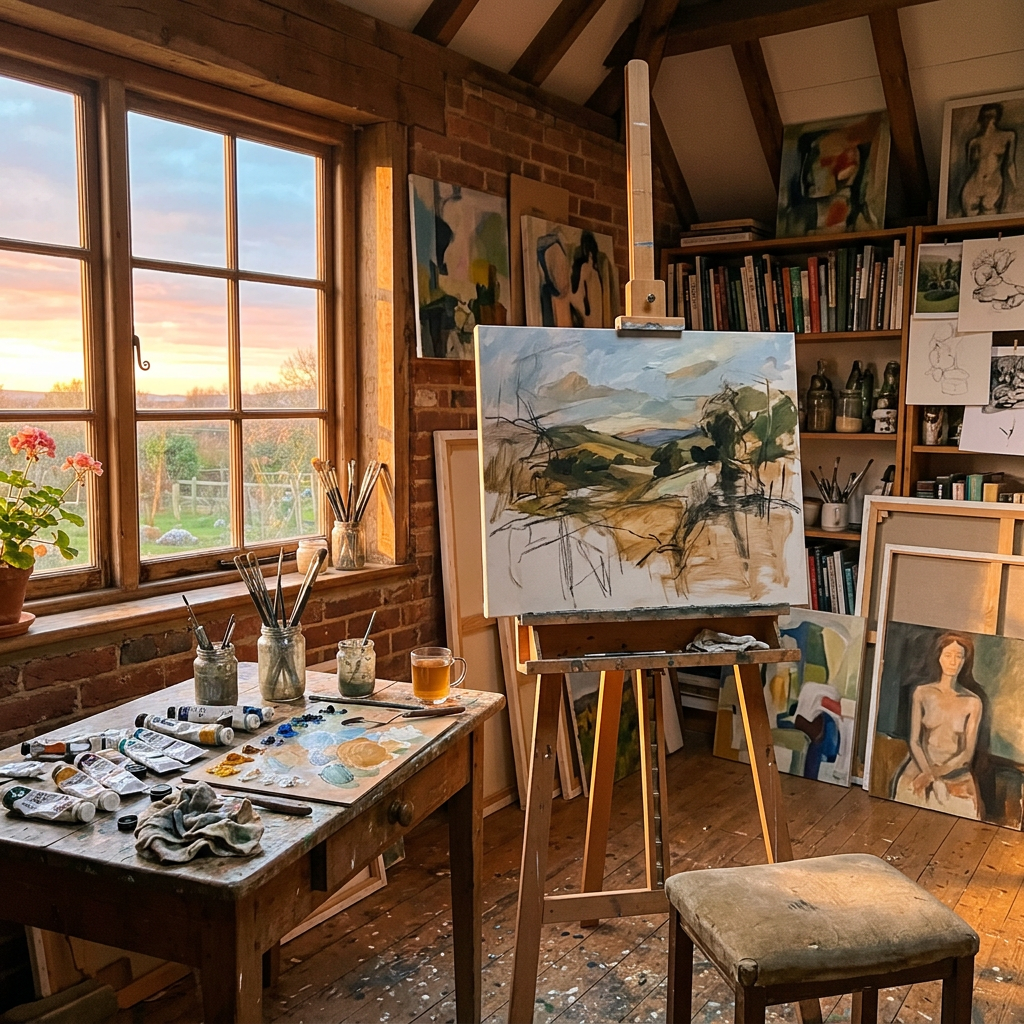 Artist studio with painting on easel, brushes on table, and bookshelf under sunset light