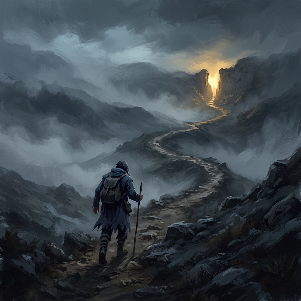 Lone traveler hiking toward a glowing mountain pass